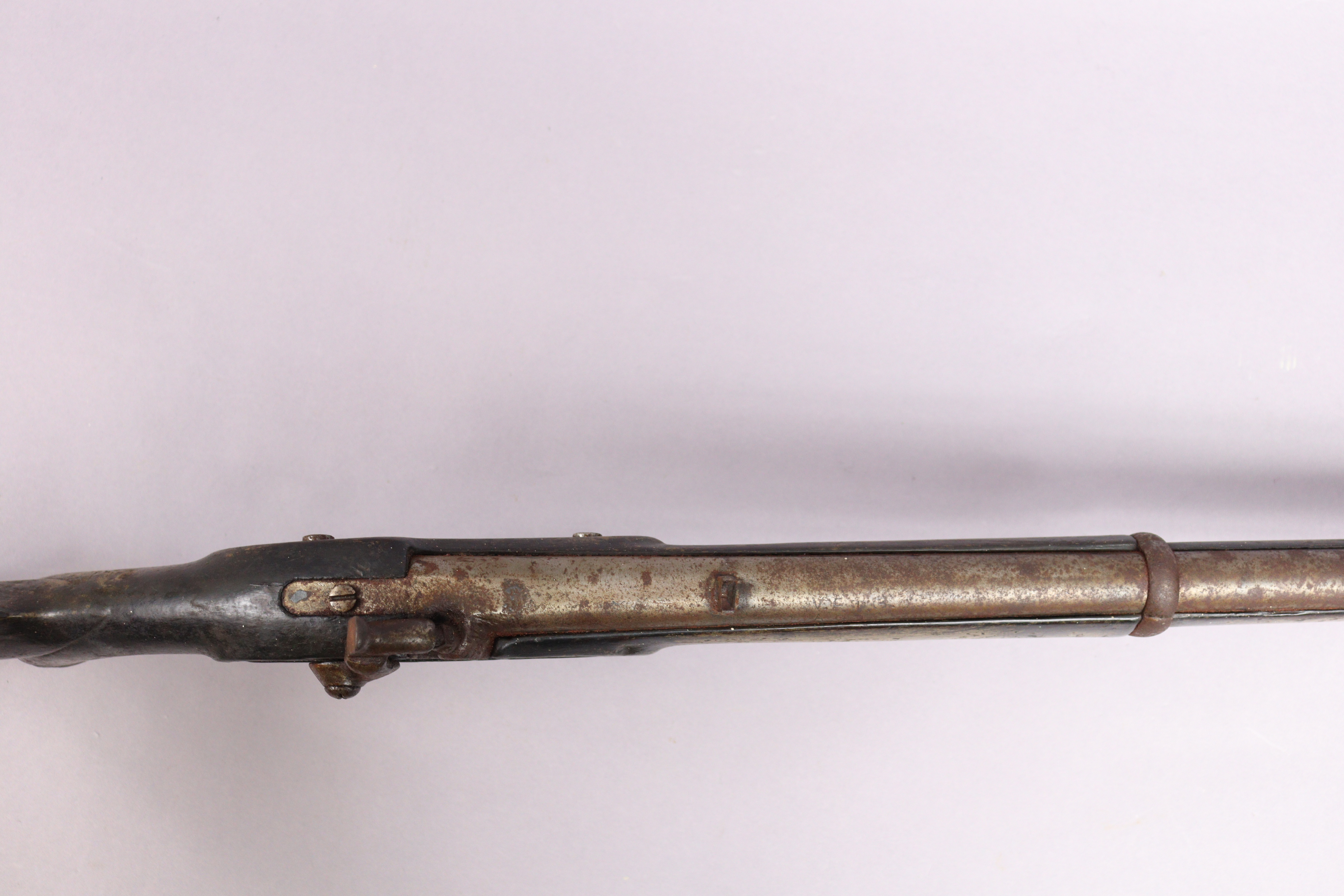 A mid-19th century three-band Indian Enfield musket, the 88cm plain steel barrel inscribed “V.R.T.G” - Image 4 of 9