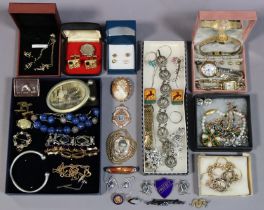 Three pairs of yellow-metal earrings; a similar necklace; three ladies’ wristwatches; & various
