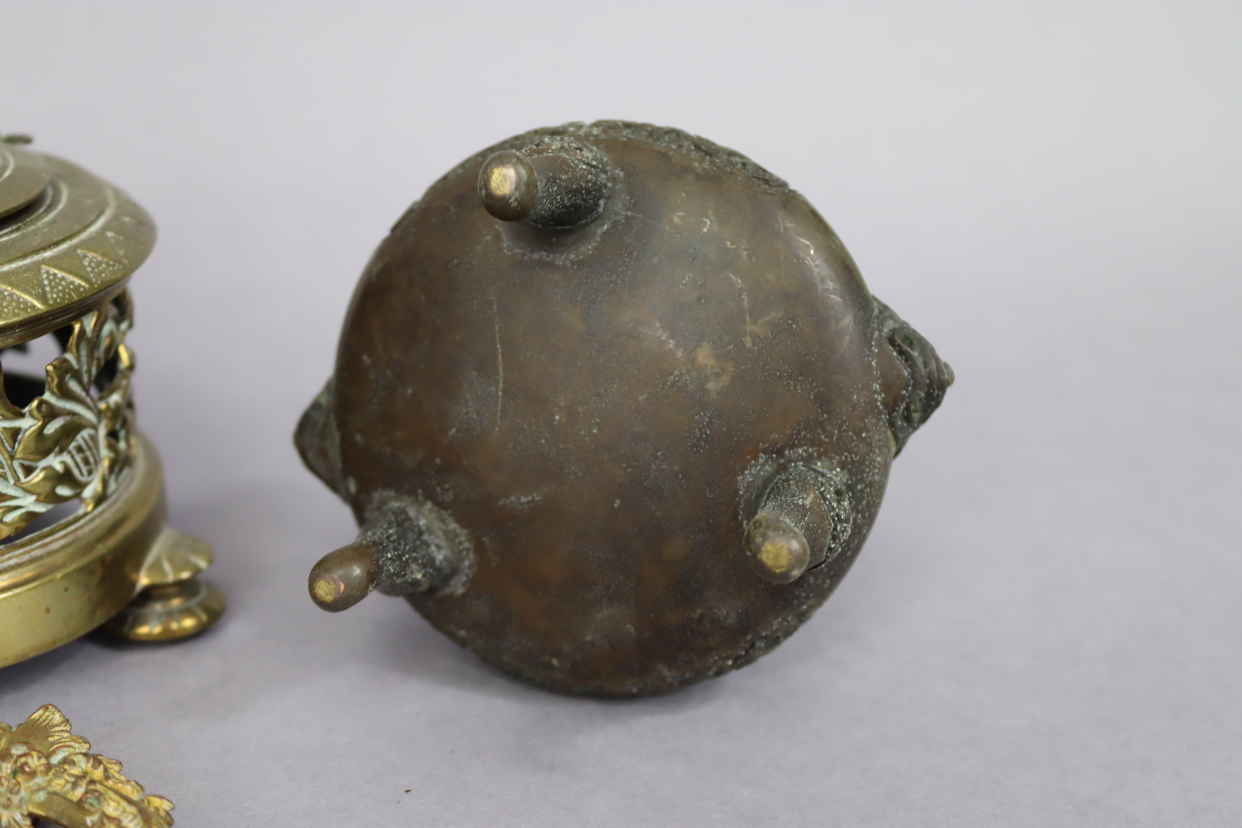 A Chinese bronze incense burner of squat round form, having foo-dog finial to the lid, & on three - Image 3 of 6