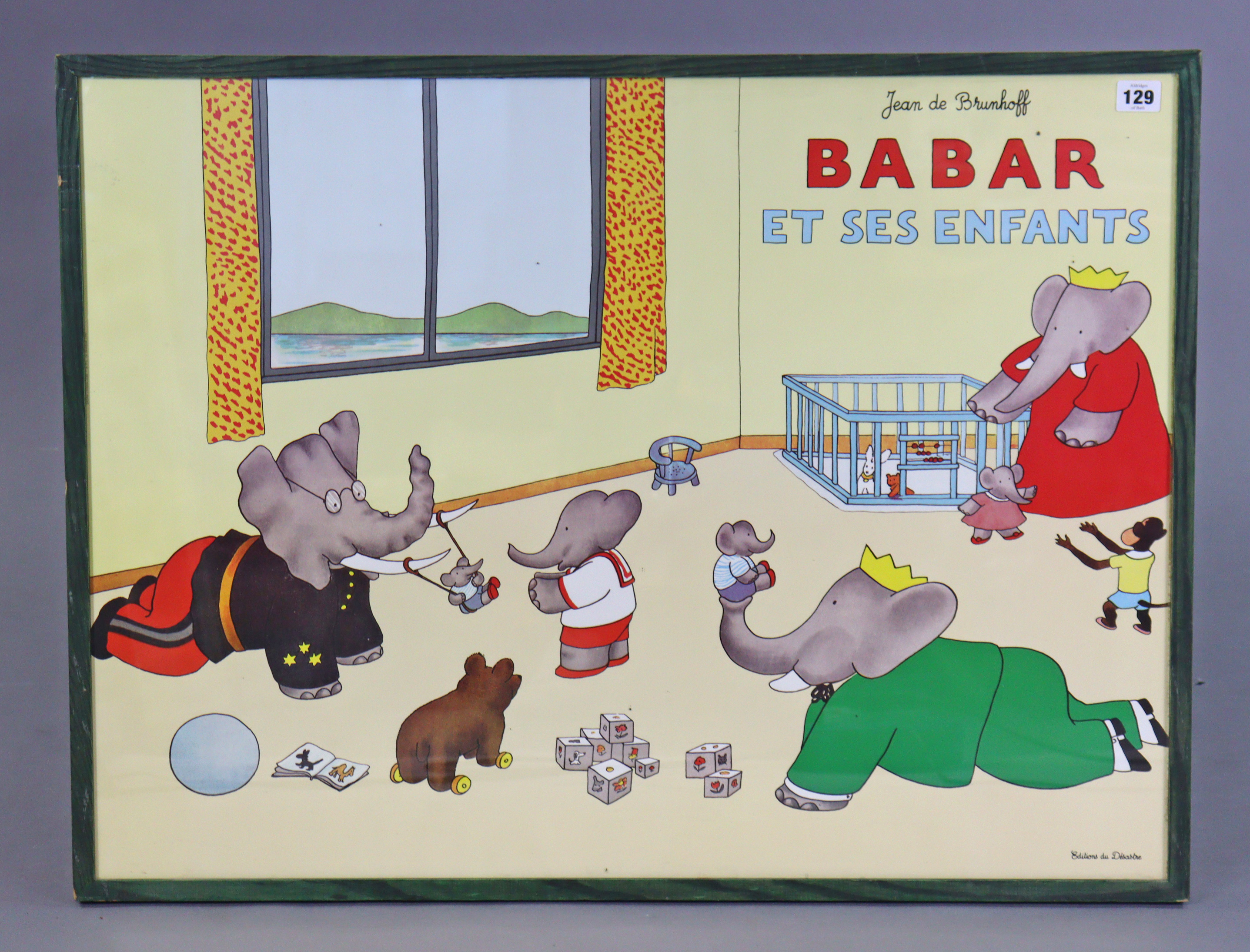 A large coloured nursery print after Jean De Brunhoff “BABER ET SES ENFANTS”, 59.25cm x 79.25cm, - Image 2 of 2