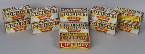 Eleven vintage boxes of “Sunlight” soap, and a box of “Lifebuoy” soap, all with contents.