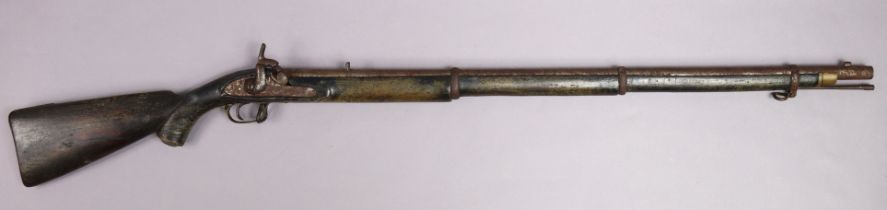 A mid-19th century three-band Indian Enfield musket, the 88cm plain steel barrel inscribed “V.R.T.G”