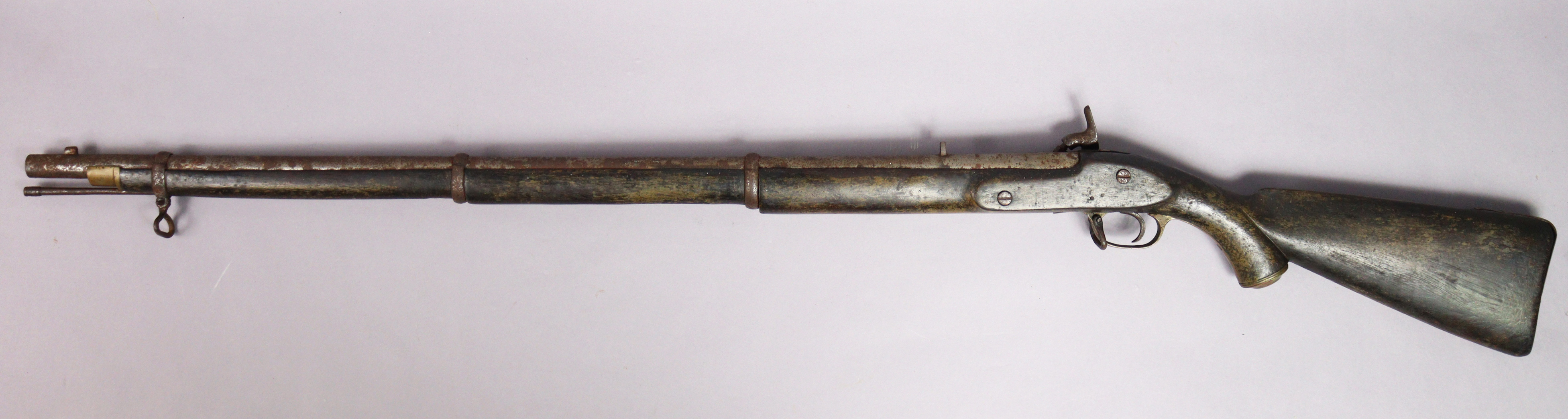 A mid-19th century three-band Indian Enfield musket, the 88cm plain steel barrel inscribed “V.R.T.G” - Image 9 of 9