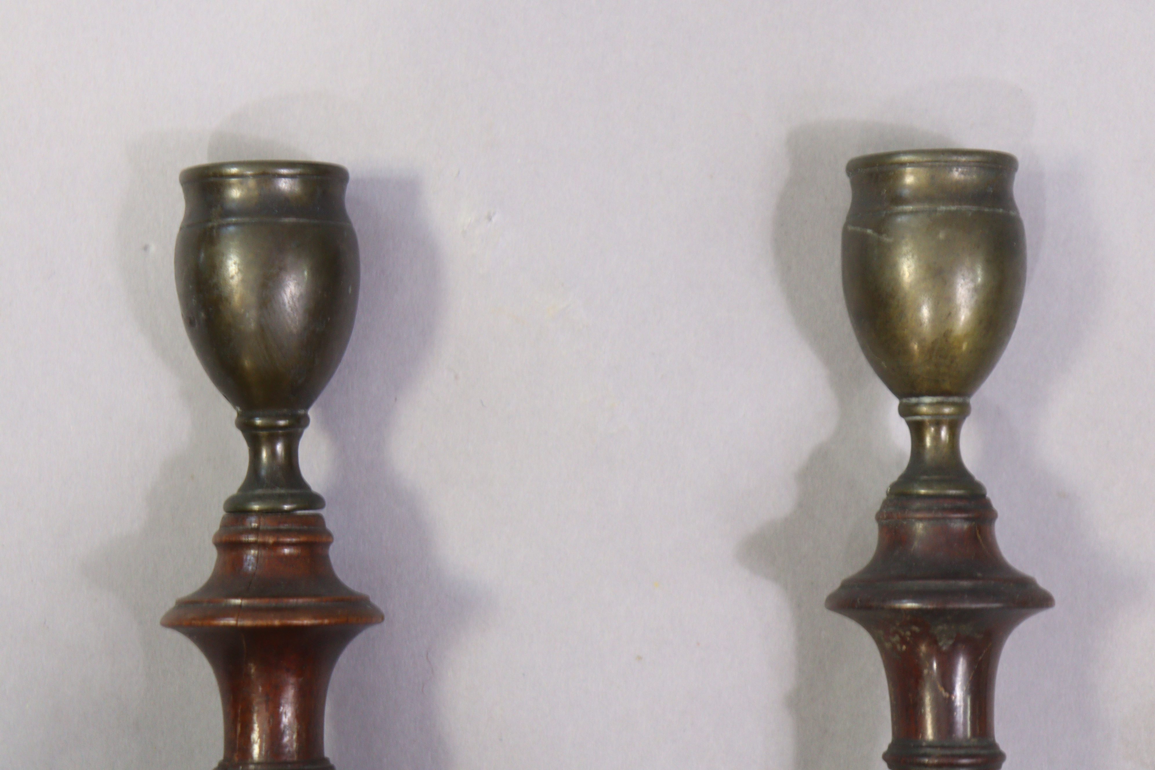 A pair of late 19th/early 20th century treen & bronzed metal candlesticks each with a baluster- - Image 3 of 6