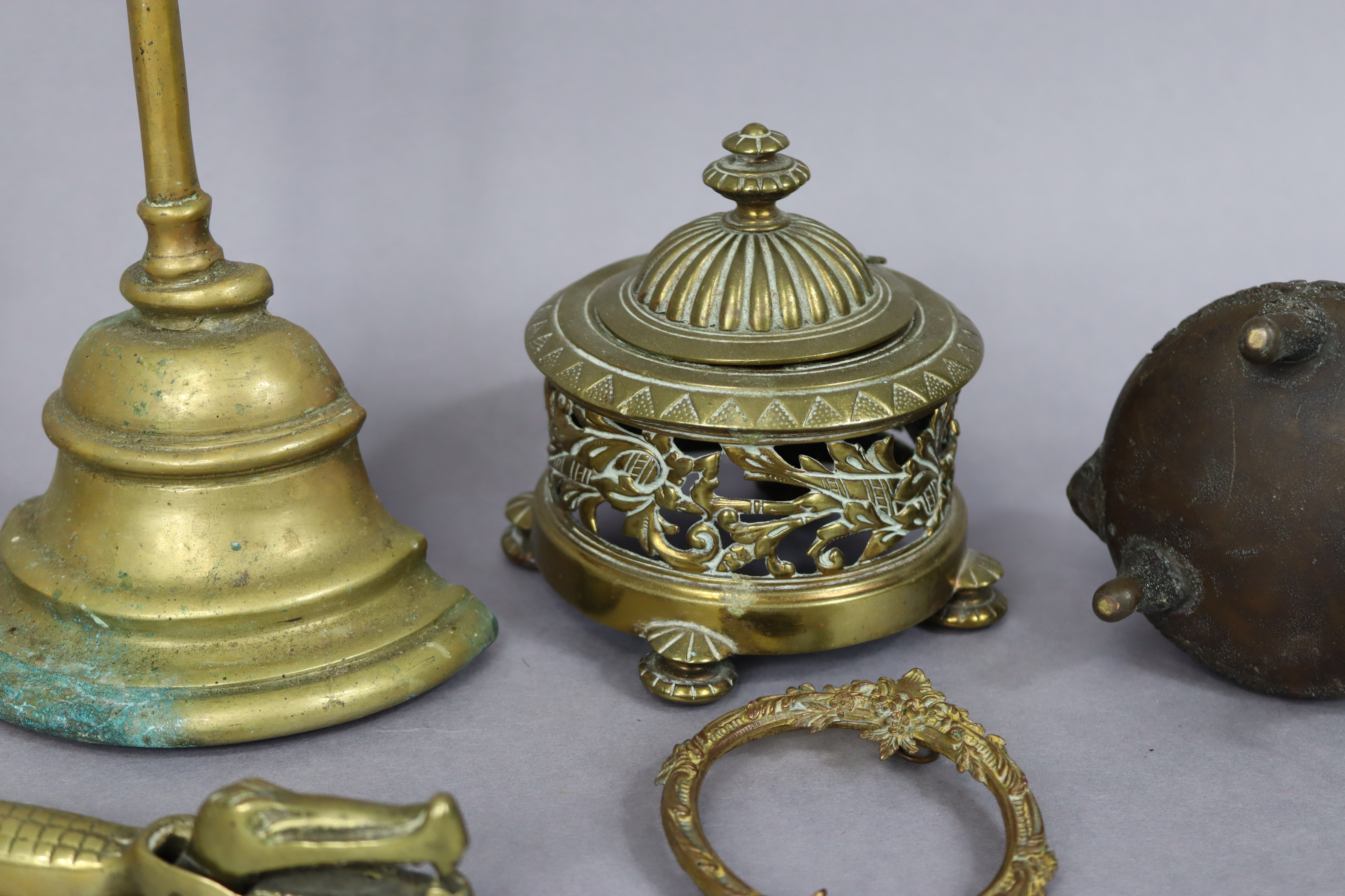 A Chinese bronze incense burner of squat round form, having foo-dog finial to the lid, & on three - Image 4 of 6