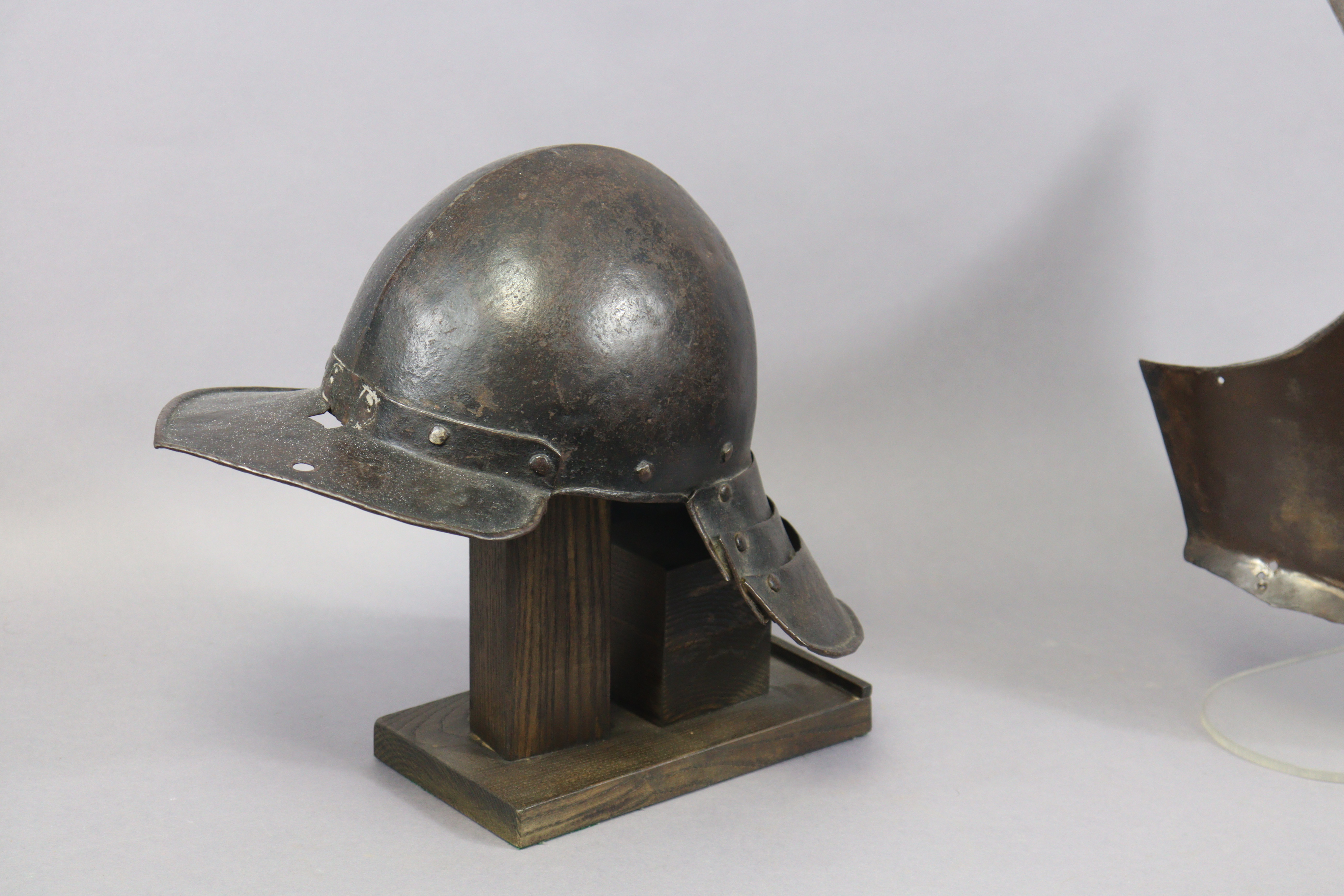 An English Civil War period lobster-tail steel helmet & breastplate, the pot helmet of typical form, - Image 4 of 11