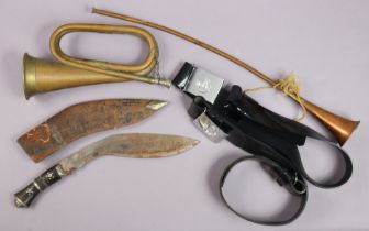 An Eastern Kukri; two light Infantry regiment dress belts; & two copper horns.