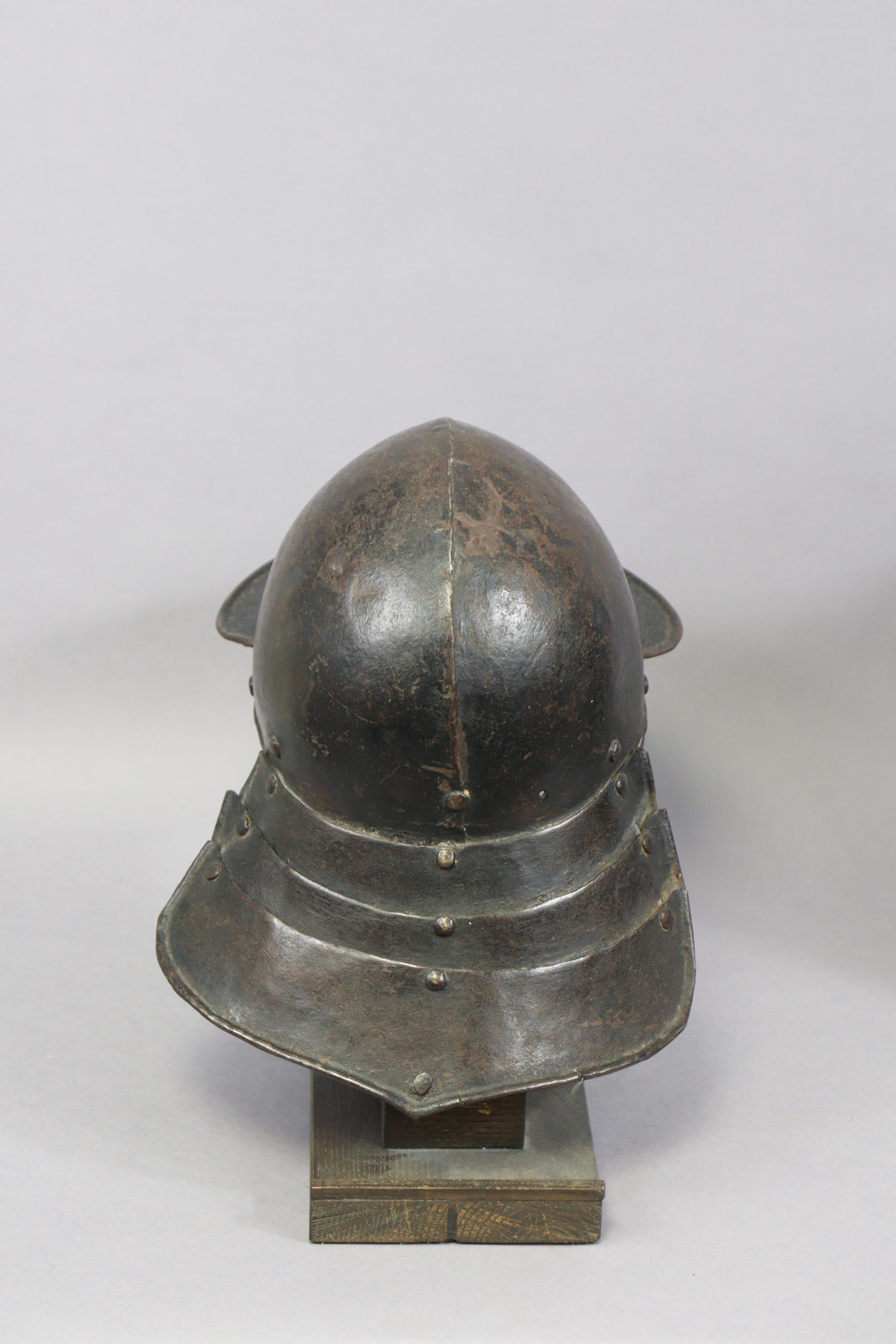 An English Civil War period lobster-tail steel helmet & breastplate, the pot helmet of typical form, - Image 5 of 11