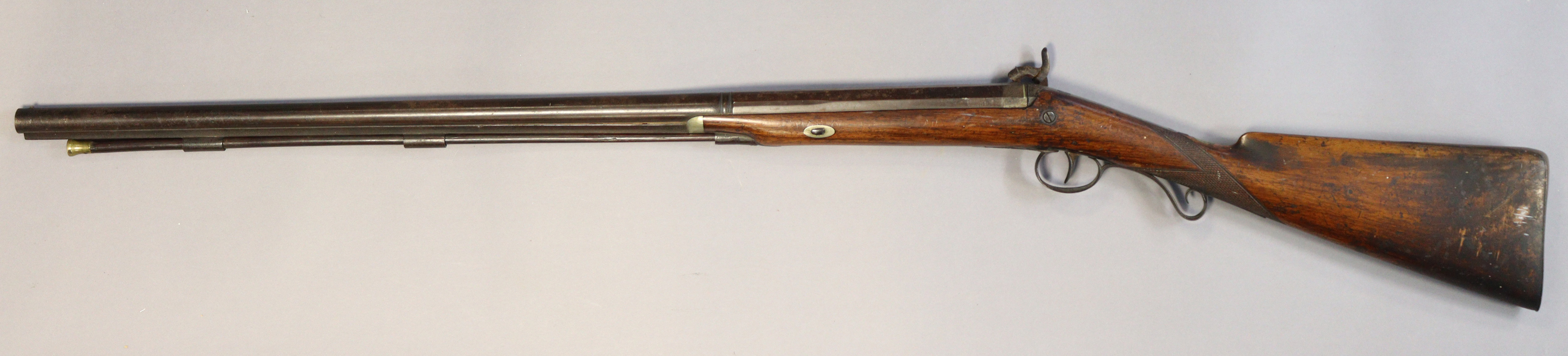 A 19th century percussion rifle with a carved hardwood butt & wooden ramrod, with 80.5cm long - Image 8 of 8