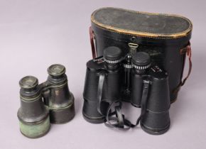 A pair of Pathescope 16 x 50mm field glasses, cased; & a pair of vintage field glasses, uncased.