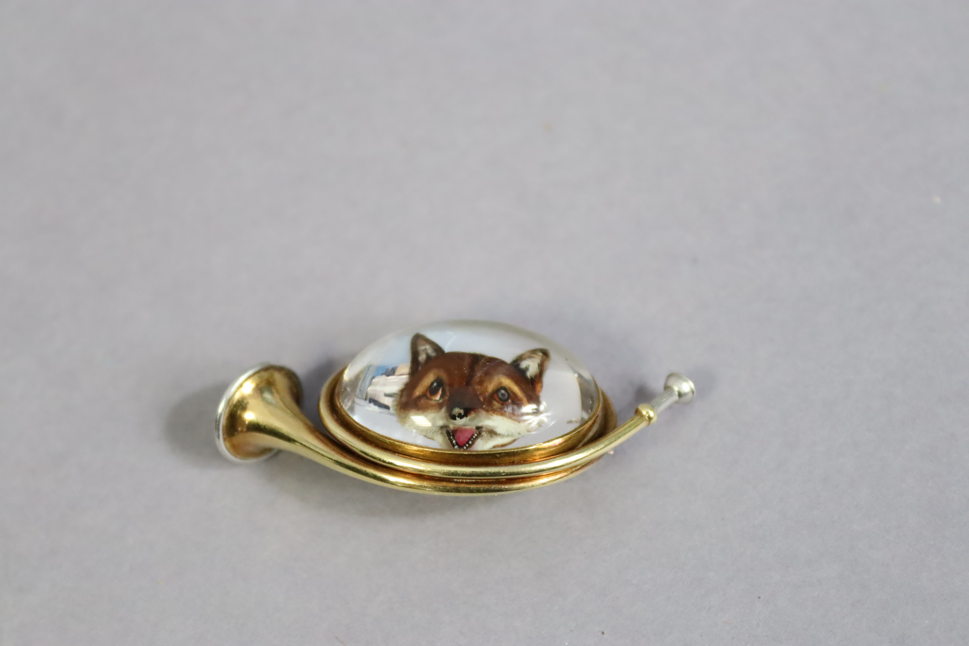 A Tiffany & Co yellow & white-metal novelty hunting horn brooch inset with Essex crystal fox - Image 2 of 4