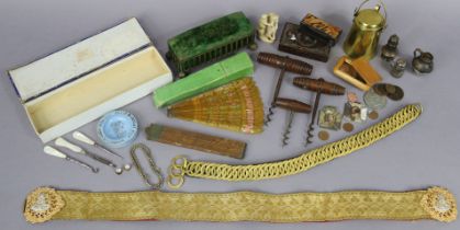 Three small silver condiments; three vintage corkscrews; three snuff boxes; & sundry other items.
