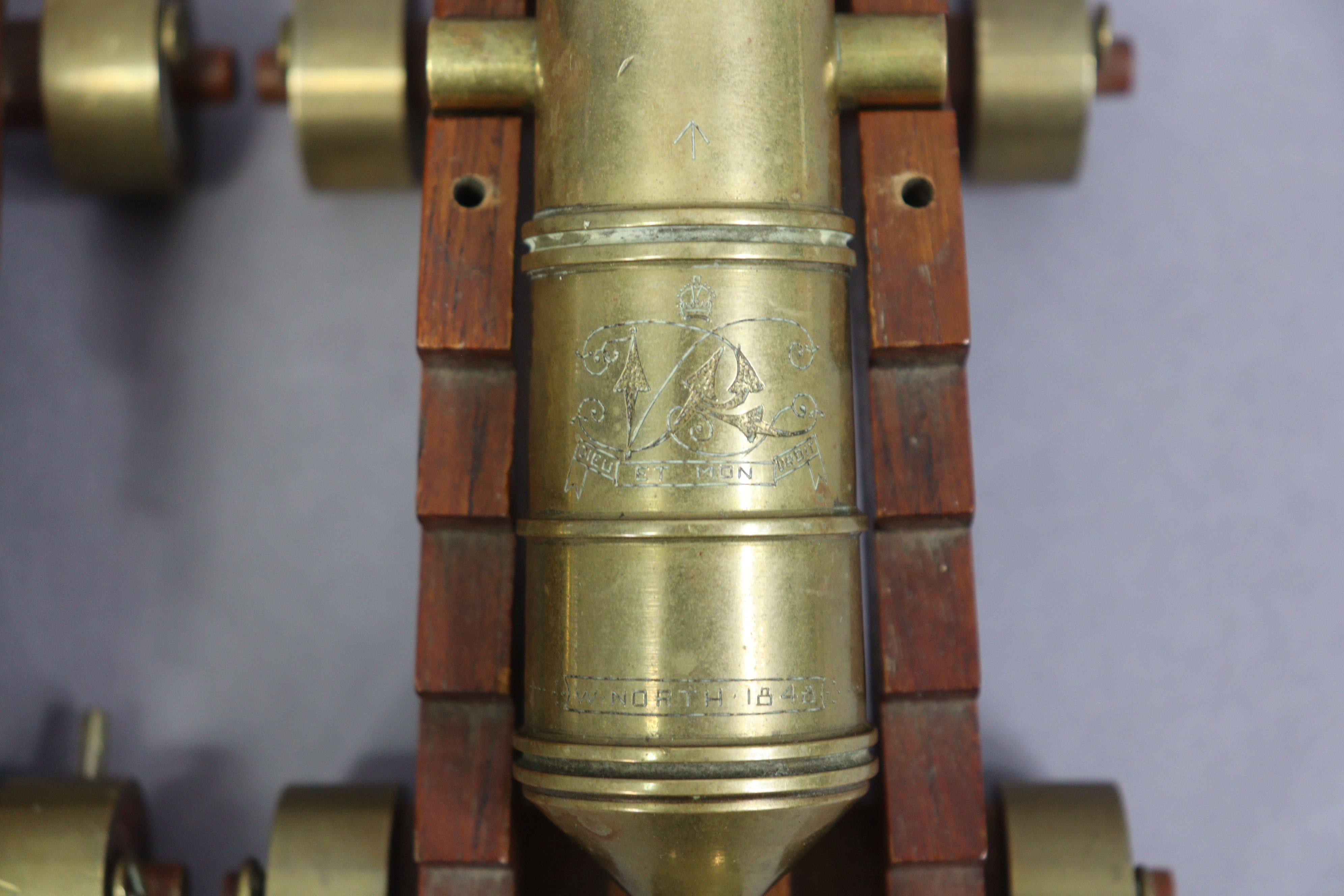 A pair of brass cannons, each inscribed “W. NORTH 1848” & with a military arrow, & each mounted on - Image 6 of 8