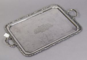 A 1920’s large silver plated rectangular two-handled tea tray with pie-crust border & with