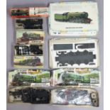 Three Airfix train model kits, together with two other model kits, all boxed.