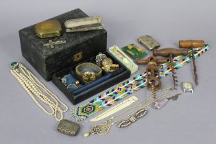 Two silver plated vesta case; a cheroot holder, cased; a brass snuffbox; three cork screws; & a
