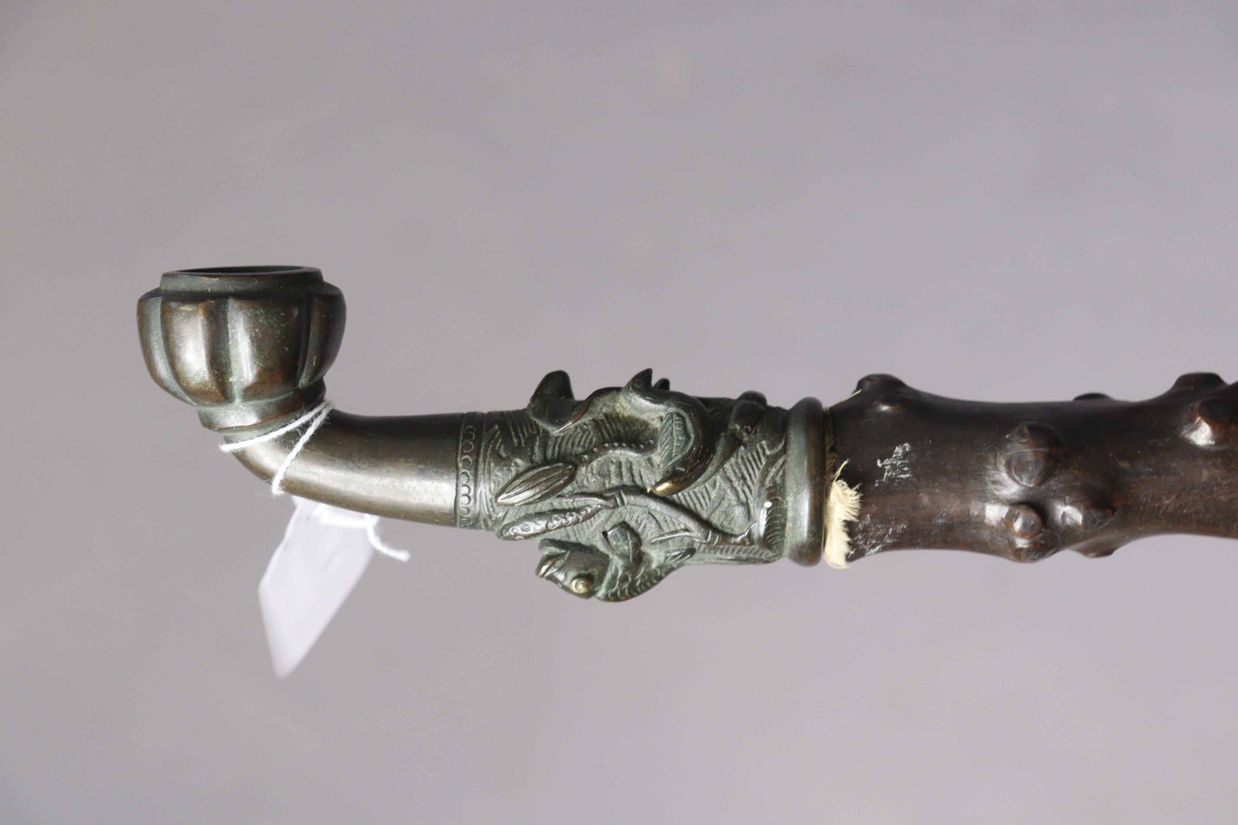 A vintage eastern hawthorn opium pipe with bronzed fittings, 77cm long; a treen ditto, 105cm long; & - Image 4 of 11