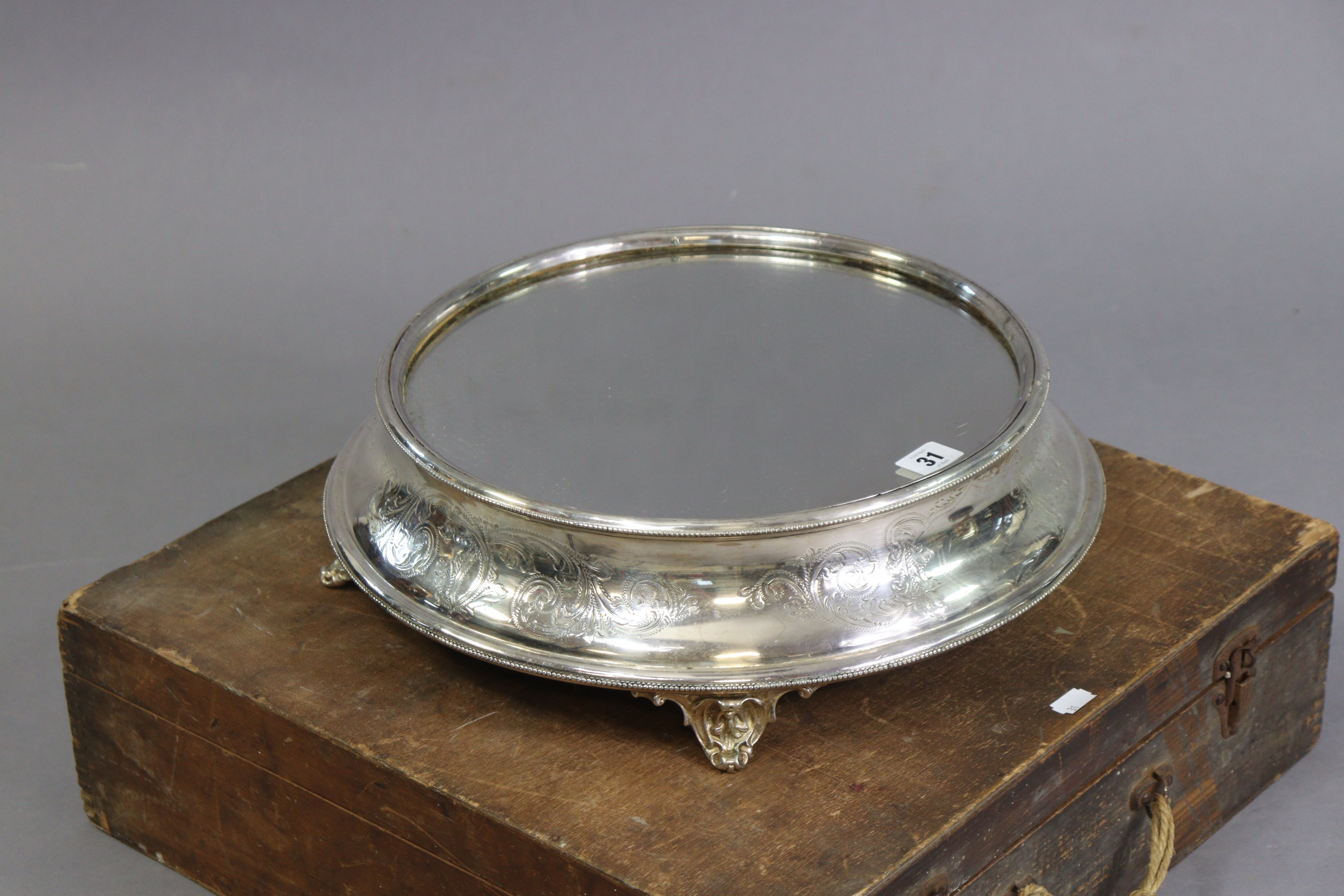 A late 19th/early 20th century engraved silver-plated cake-stand on four short cabriole legs & inset - Image 2 of 4