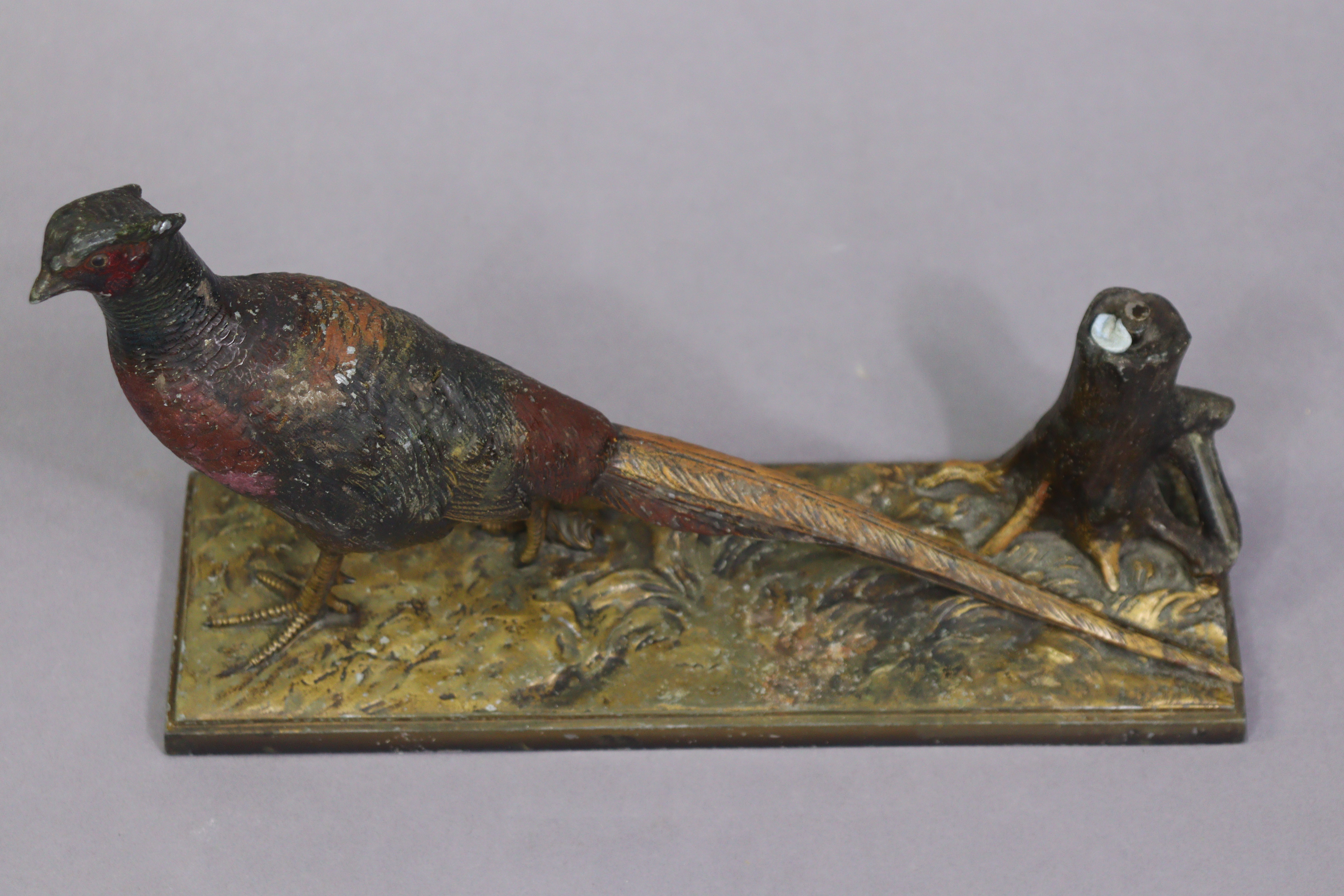 A cold painted bronzed novelty pheasant & three-stump match-striker on a rectangular base, 331cm - Image 2 of 4