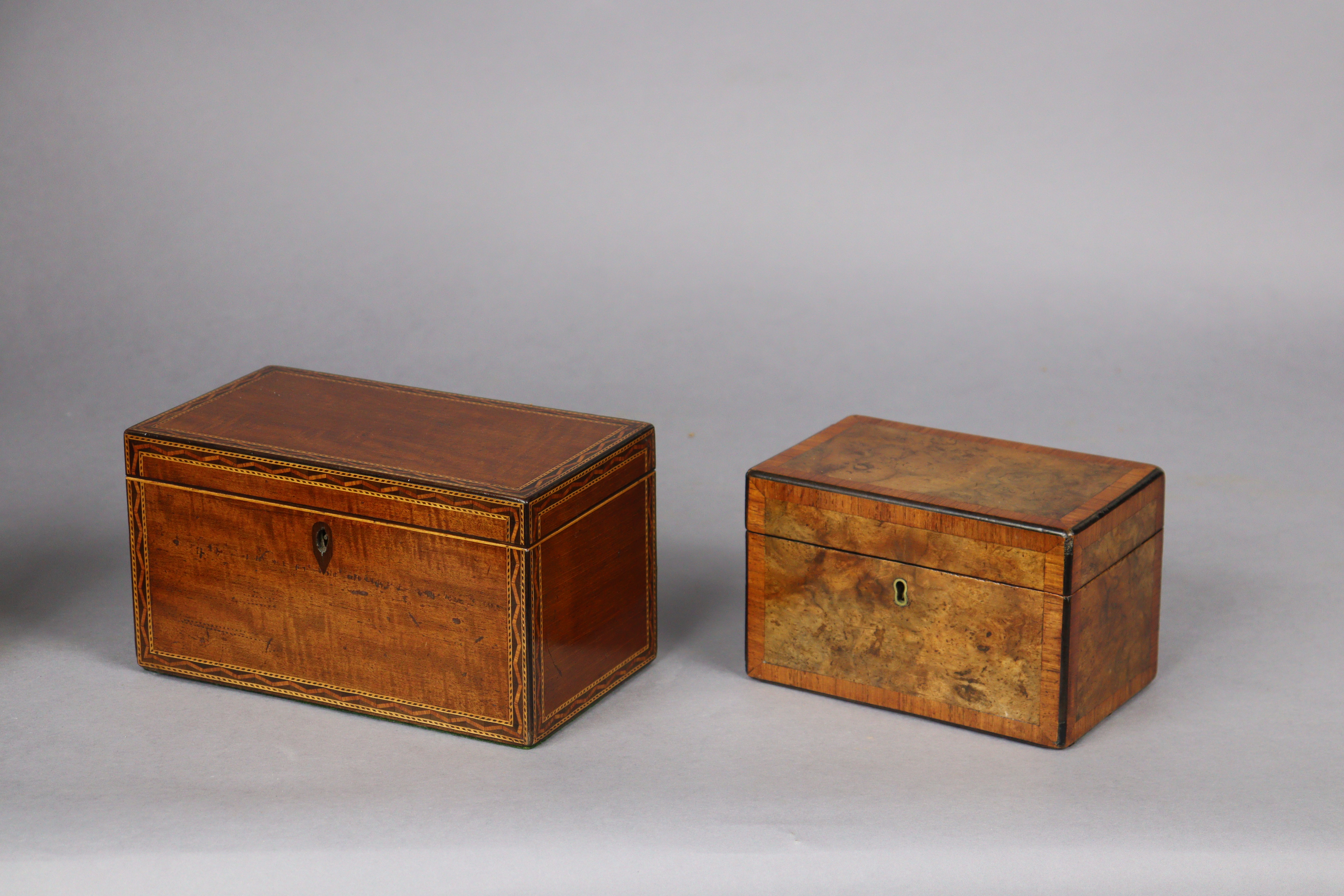 An early 19th century inlaid-mahogany two-division tea caddy, 23cm wide x 12.7cm high x 12.7cm deep; - Image 2 of 7