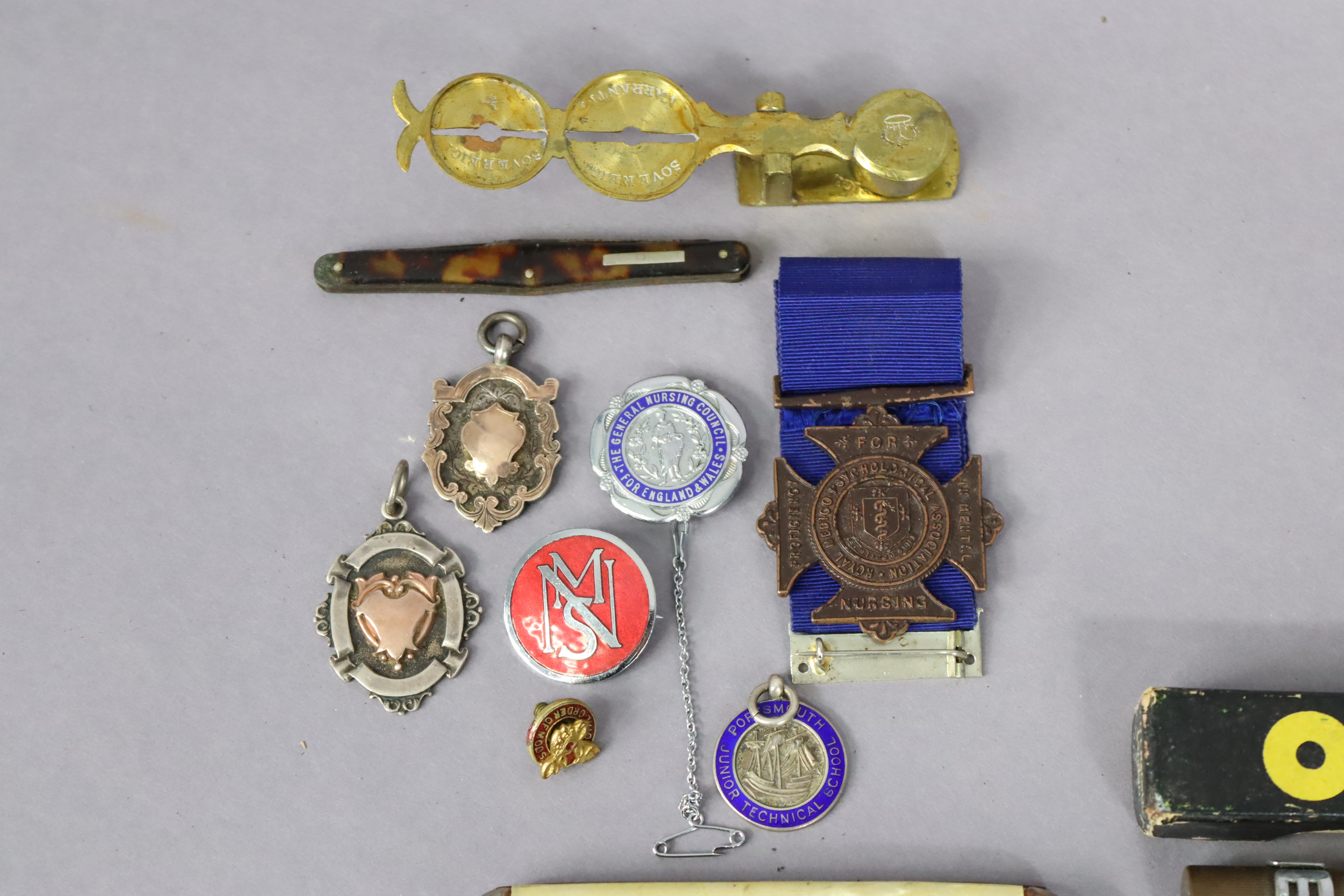 Two silver sporting medals; a brass sovereign scale; two cigarette lighters; three various pens; & - Image 4 of 6