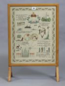 A 1930’s beech fire-screen inset with an embroidered panel to commemorate George V silver jubilee