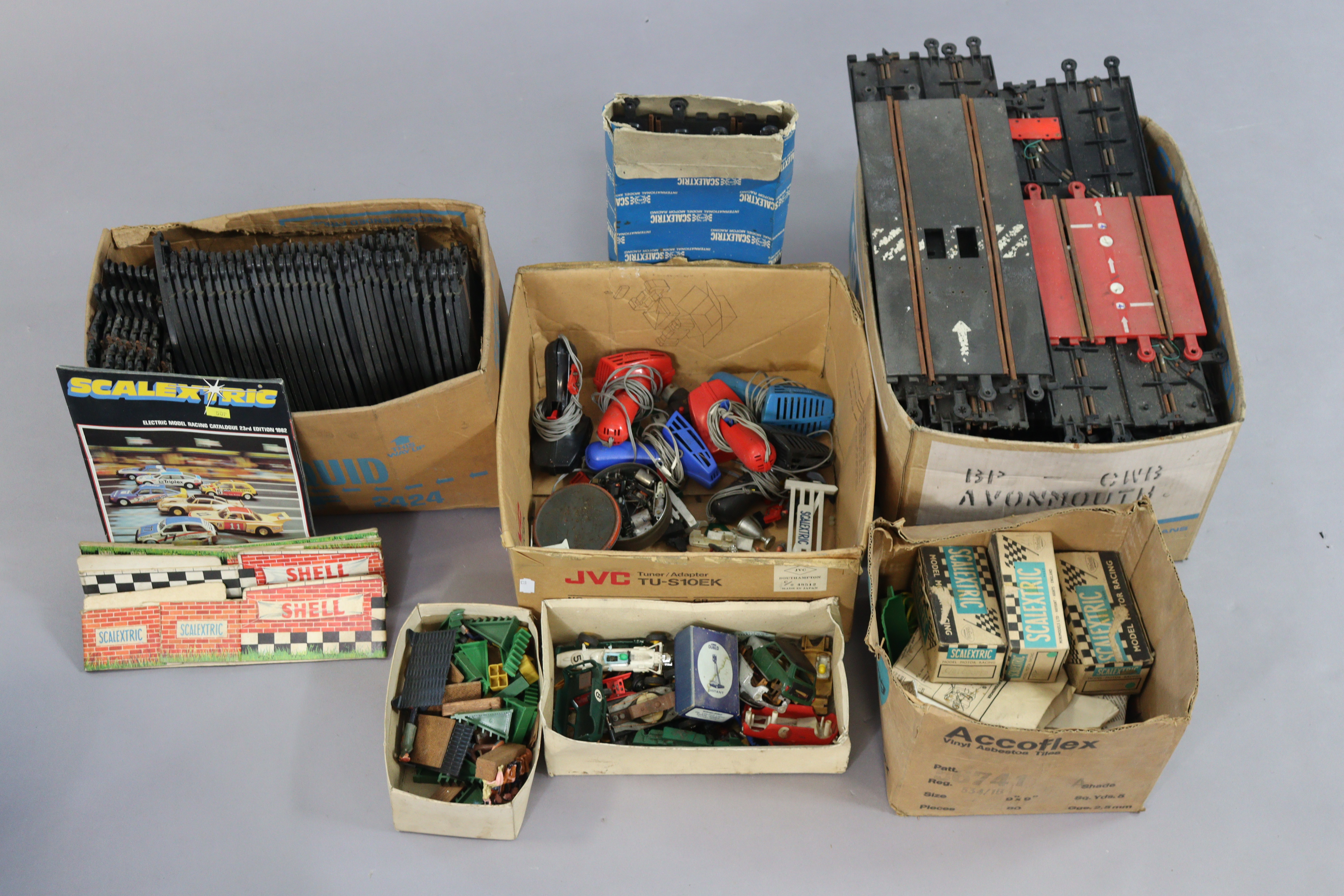 Various Scalextric model cars, racing track, model figures, etc, boxed & unboxed.