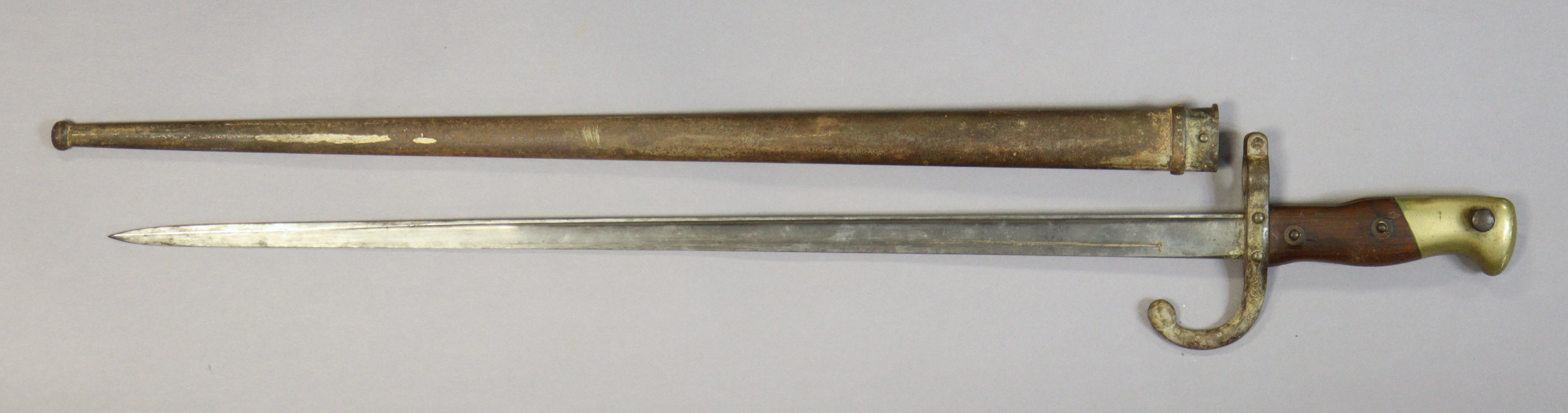 A late 19th century French rifle bayonet bears inscription dated 1879, having a single-edged