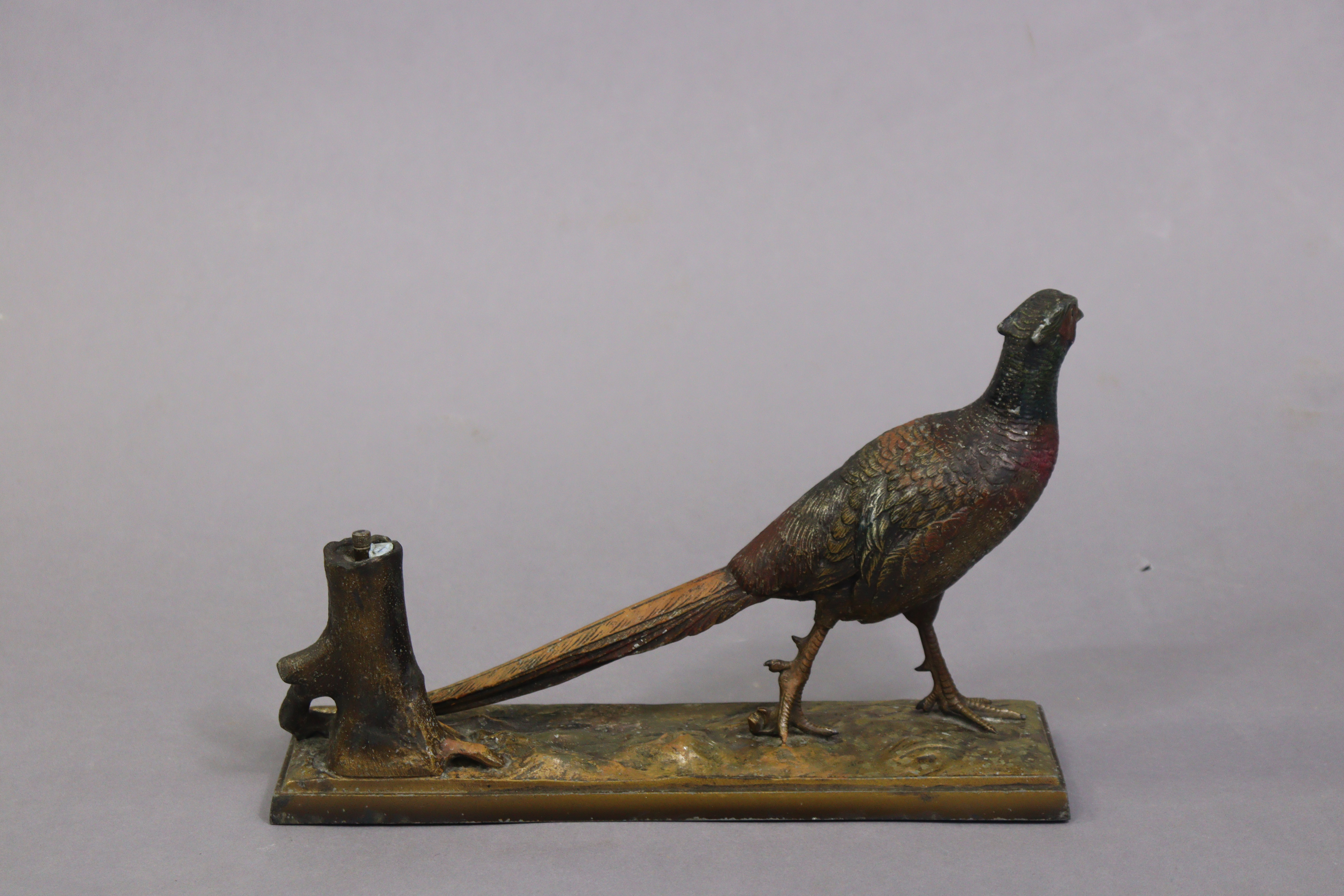 A cold painted bronzed novelty pheasant & three-stump match-striker on a rectangular base, 331cm - Image 3 of 4