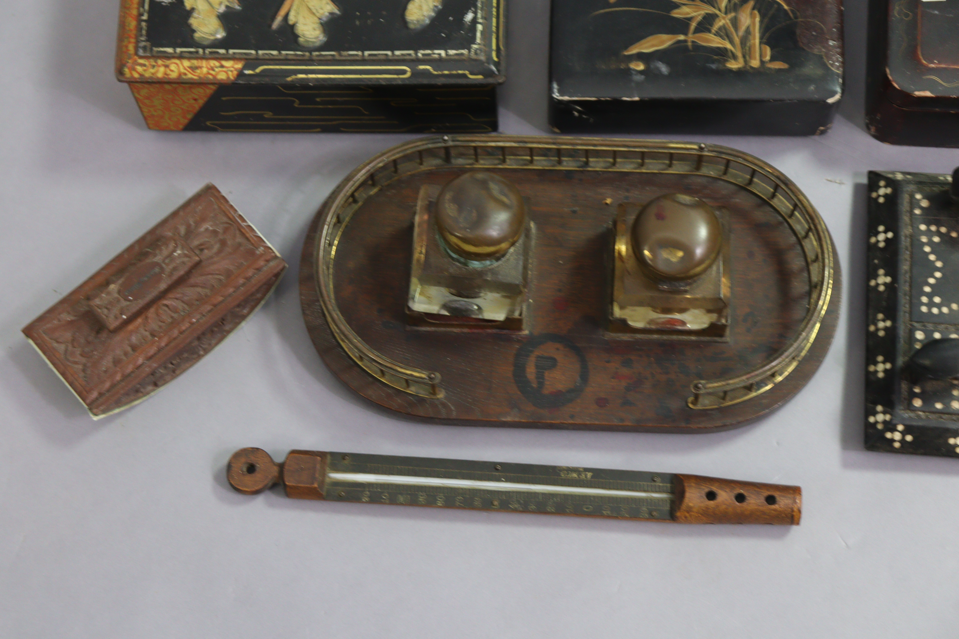 An oak desk inkstand fitted with a pair of glass inkwells; two lacquered trinket boxes; a pair of - Image 4 of 5