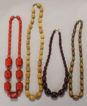 Four various coloured bead necklaces.
