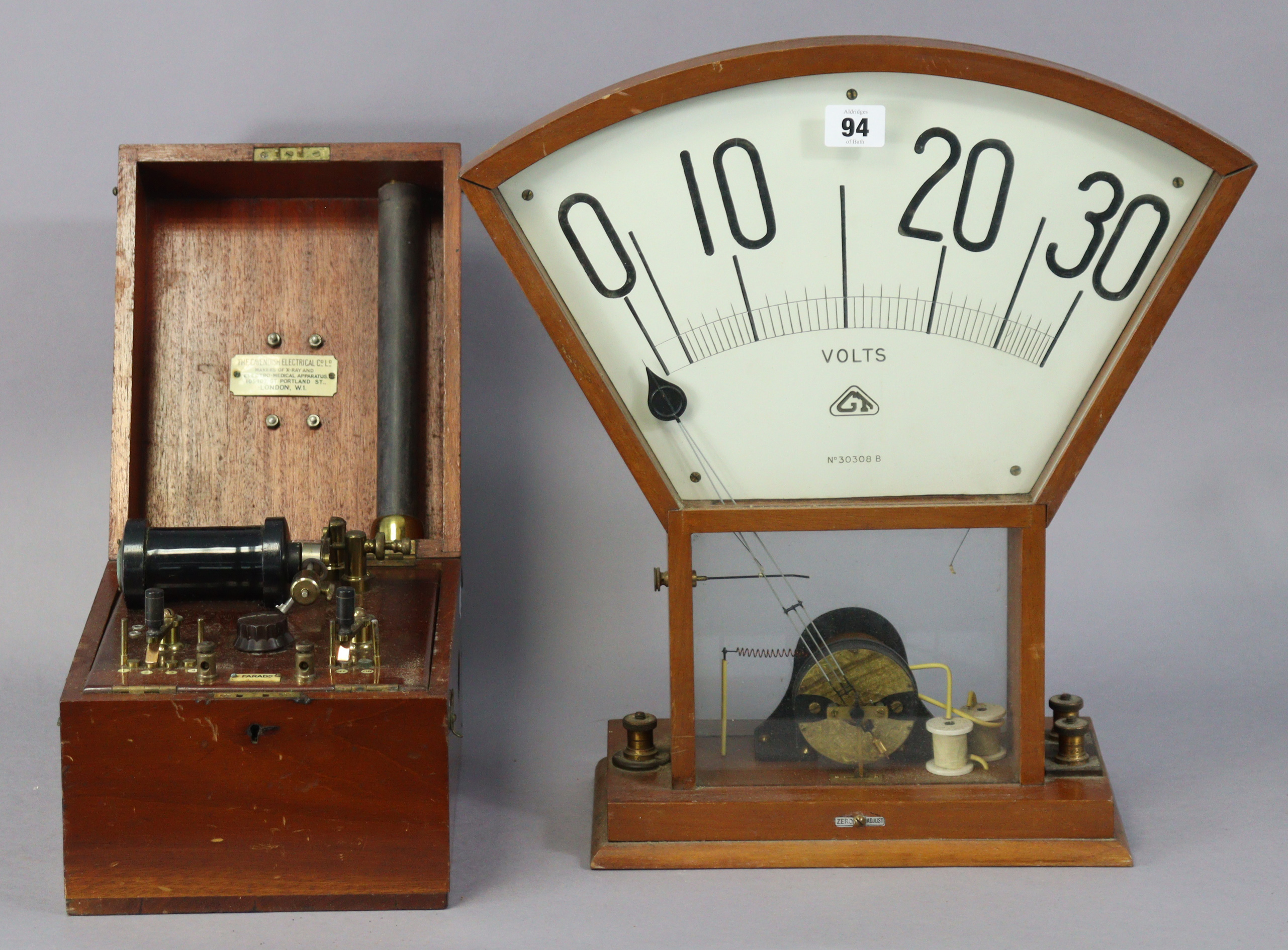 A vintage electric-shock instrument by the Cavendish Electrical Co of London in a mahogany case, and