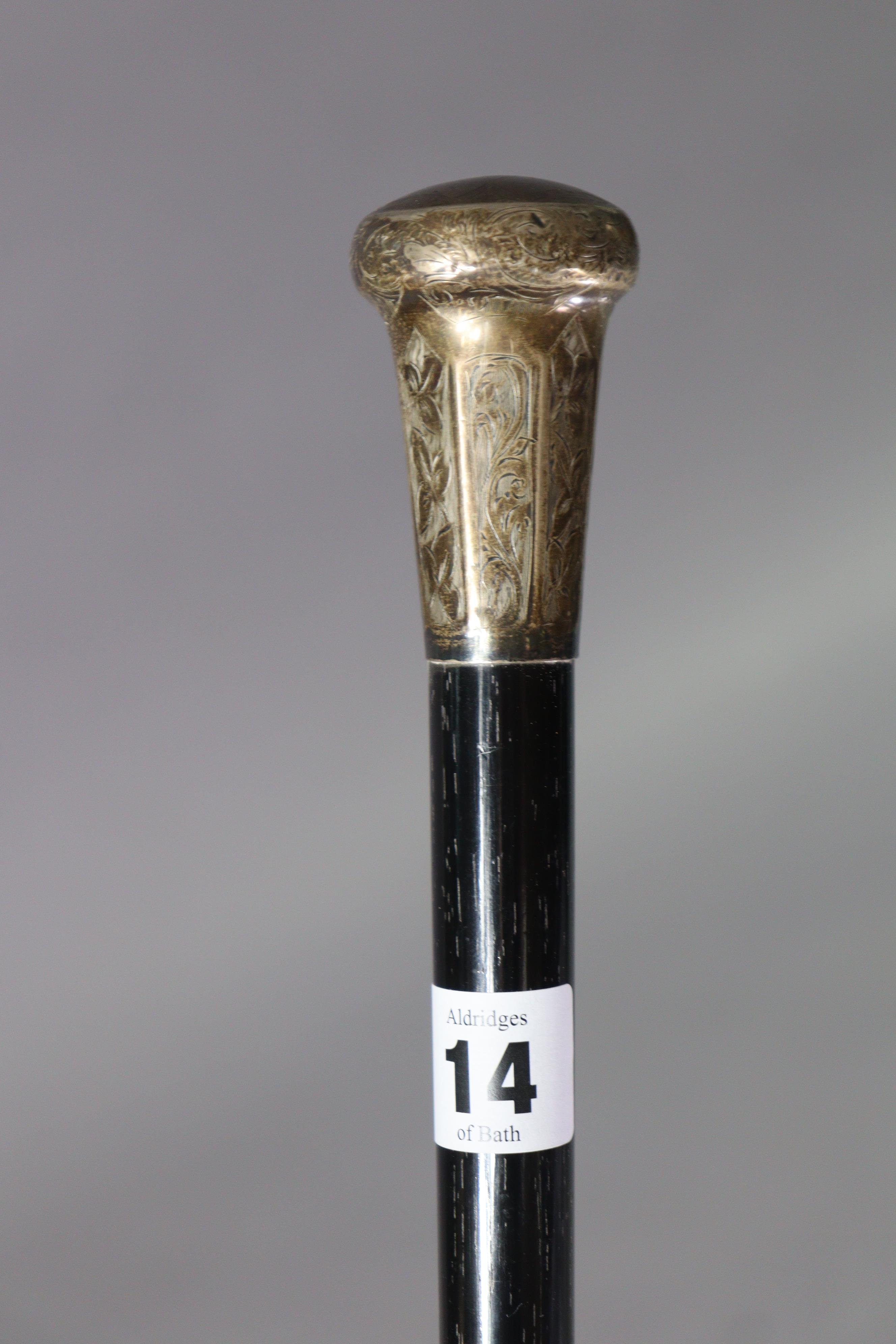 A George V ebony walking cane with an engraved silver knob handle, London 1925, 93cm high. - Image 3 of 4