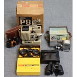 A Yashica 8 cine camera, cased; a Eumig film projector; a Brownie 8 movie light; & two pairs of