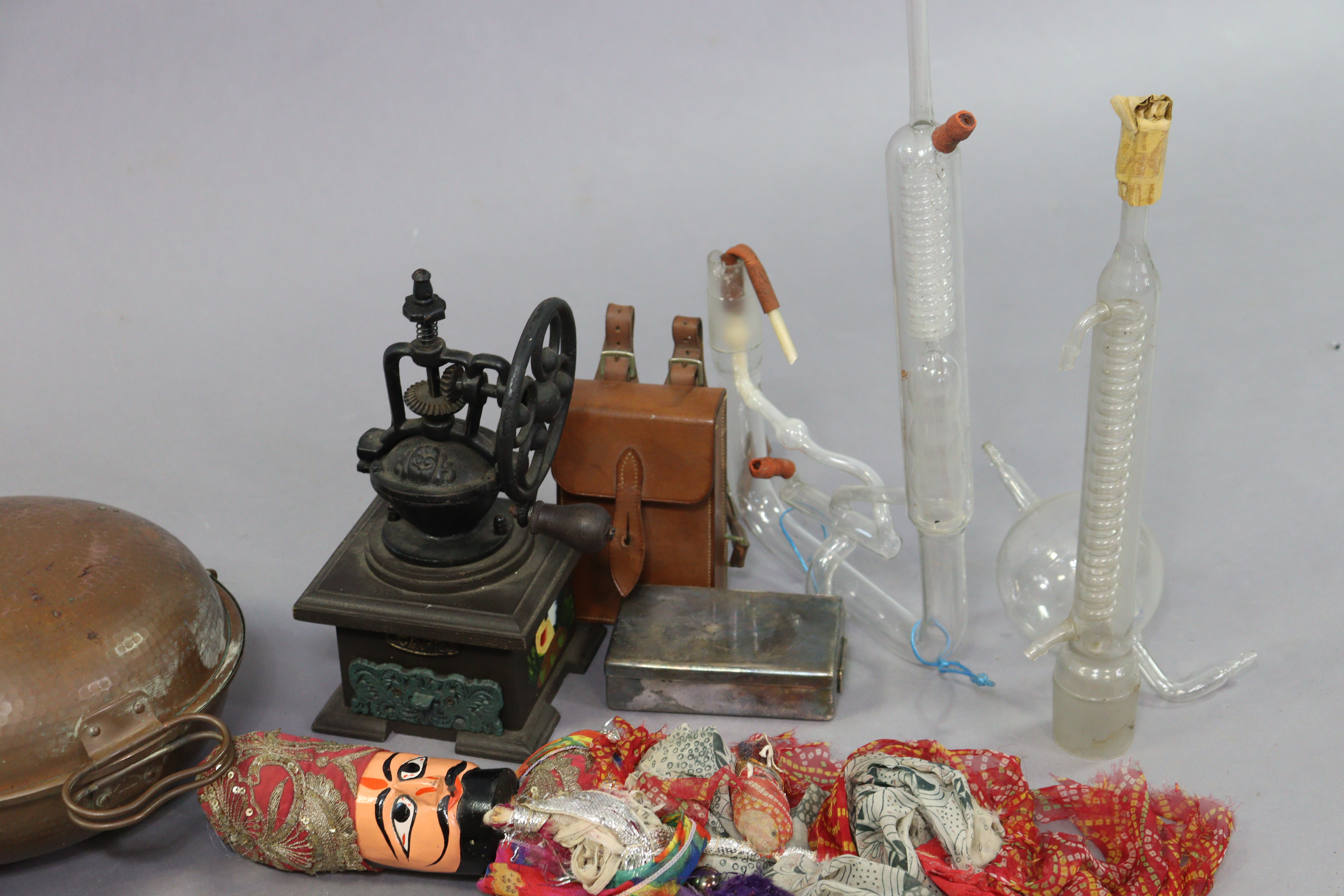 An eastern painted wooden & cloth-covered puppet; a reproduction coffee grinder; various glass - Image 2 of 3