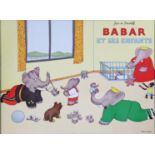 A large coloured nursery print after Jean De Brunhoff “BABER ET SES ENFANTS”, 59.25cm x 79.25cm,