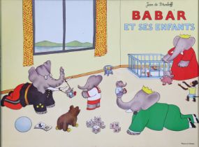 A large coloured nursery print after Jean De Brunhoff “BABER ET SES ENFANTS”, 59.25cm x 79.25cm,