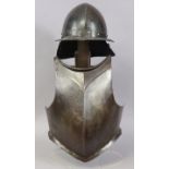 An English Civil War period lobster-tail steel helmet & breastplate, the pot helmet of typical form,