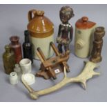 A carpenter’s plane; two ethnic carved wooden figures; a section of stag’s antlers; & various