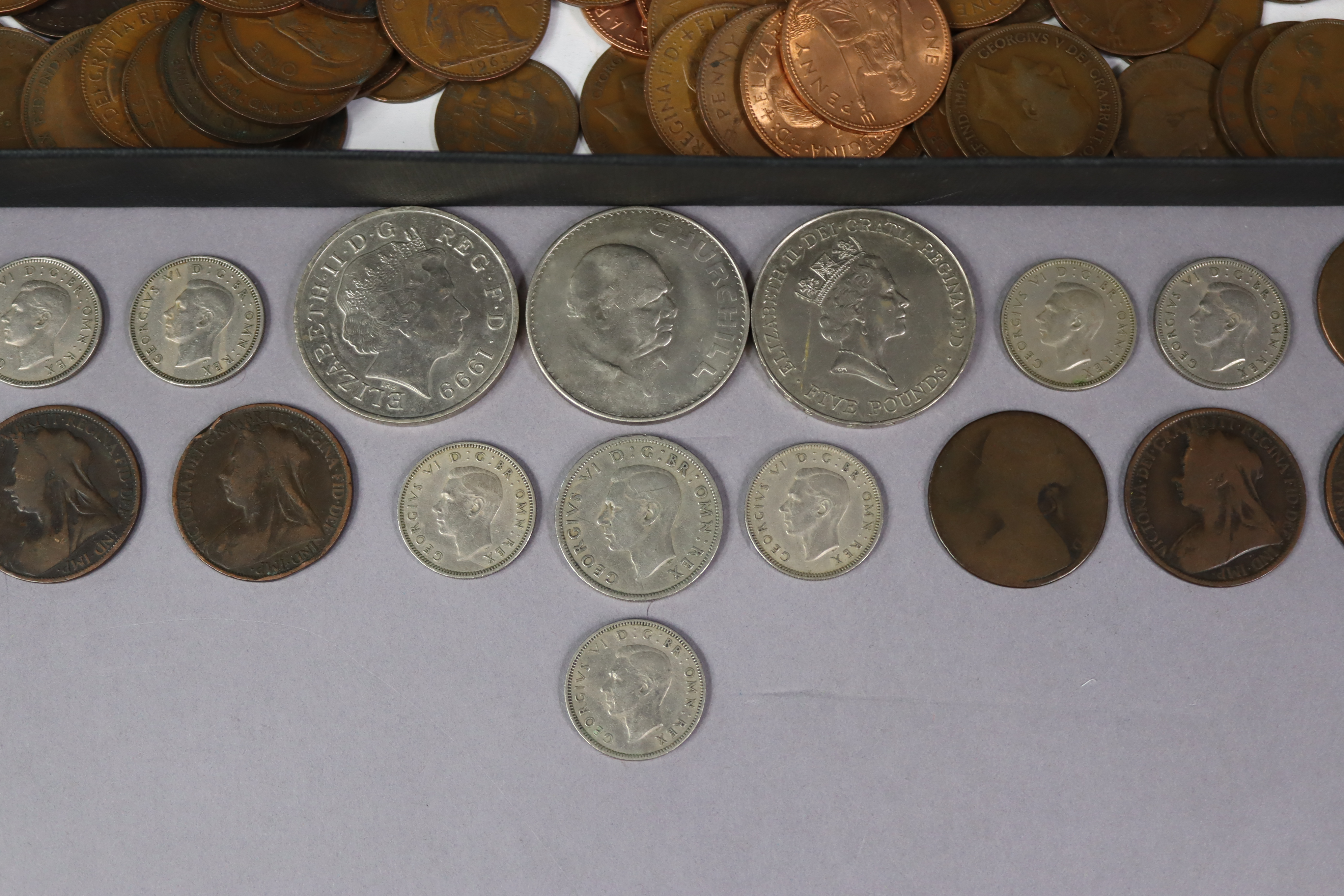Two £5 crowns, 1996 & 2000; a Churchill crown; & a small quantity of cupro-nickel & bronze coins. - Image 2 of 4