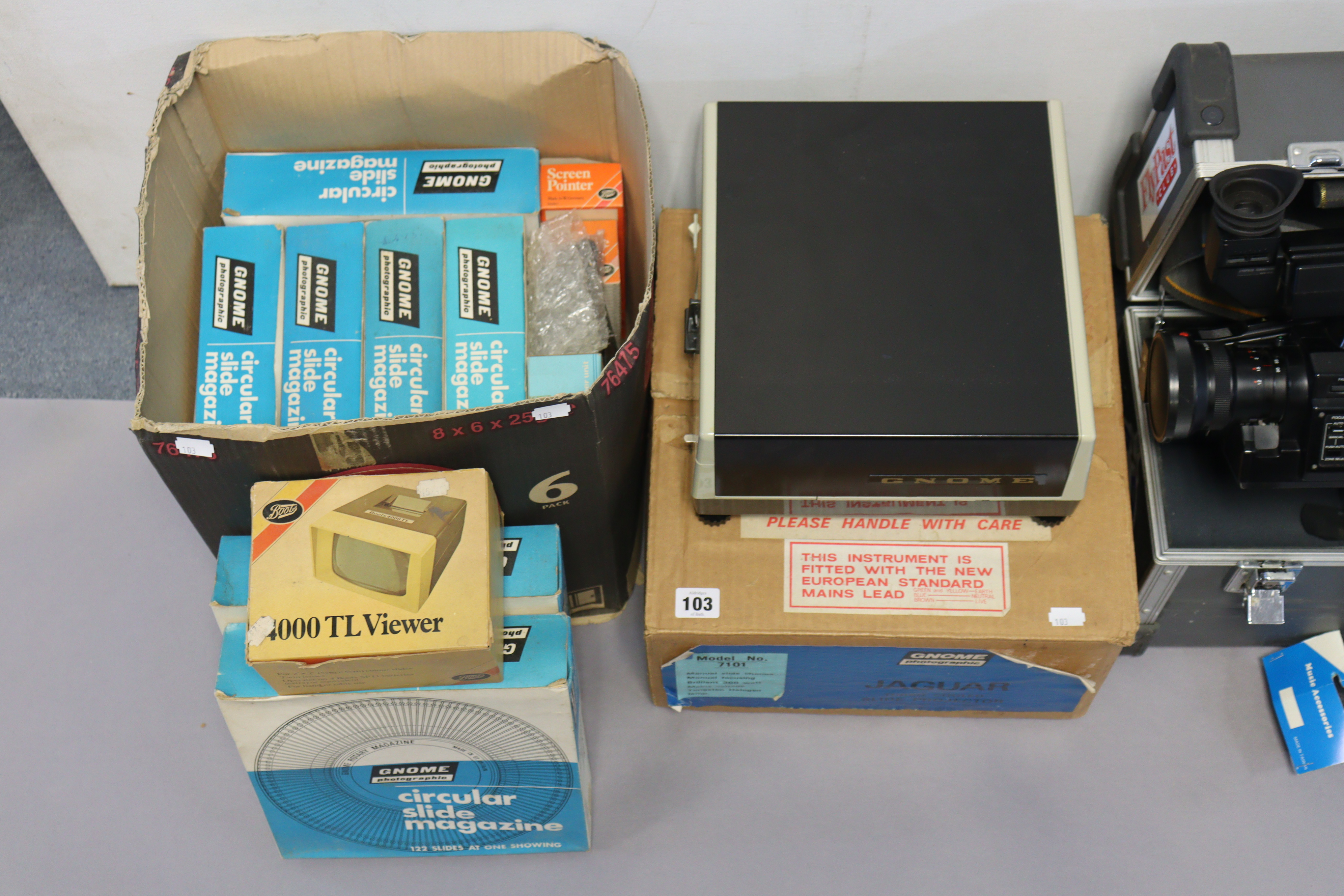 Two Panasonic VHS movie cameras, both cased, a Jaguar slide-projector, boxed, and various circular - Image 4 of 4