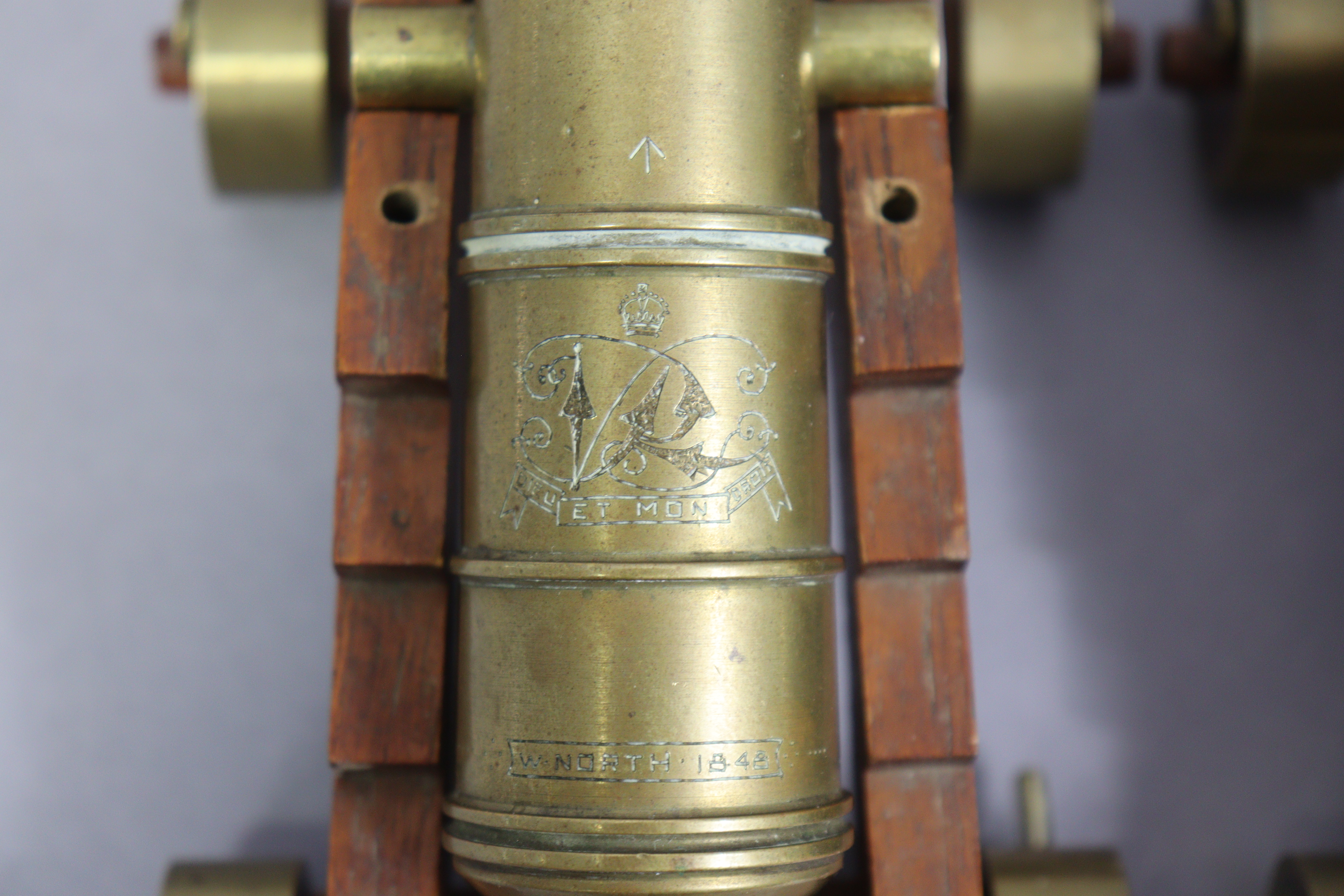 A pair of brass cannons, each inscribed “W. NORTH 1848” & with a military arrow, & each mounted on - Image 4 of 8