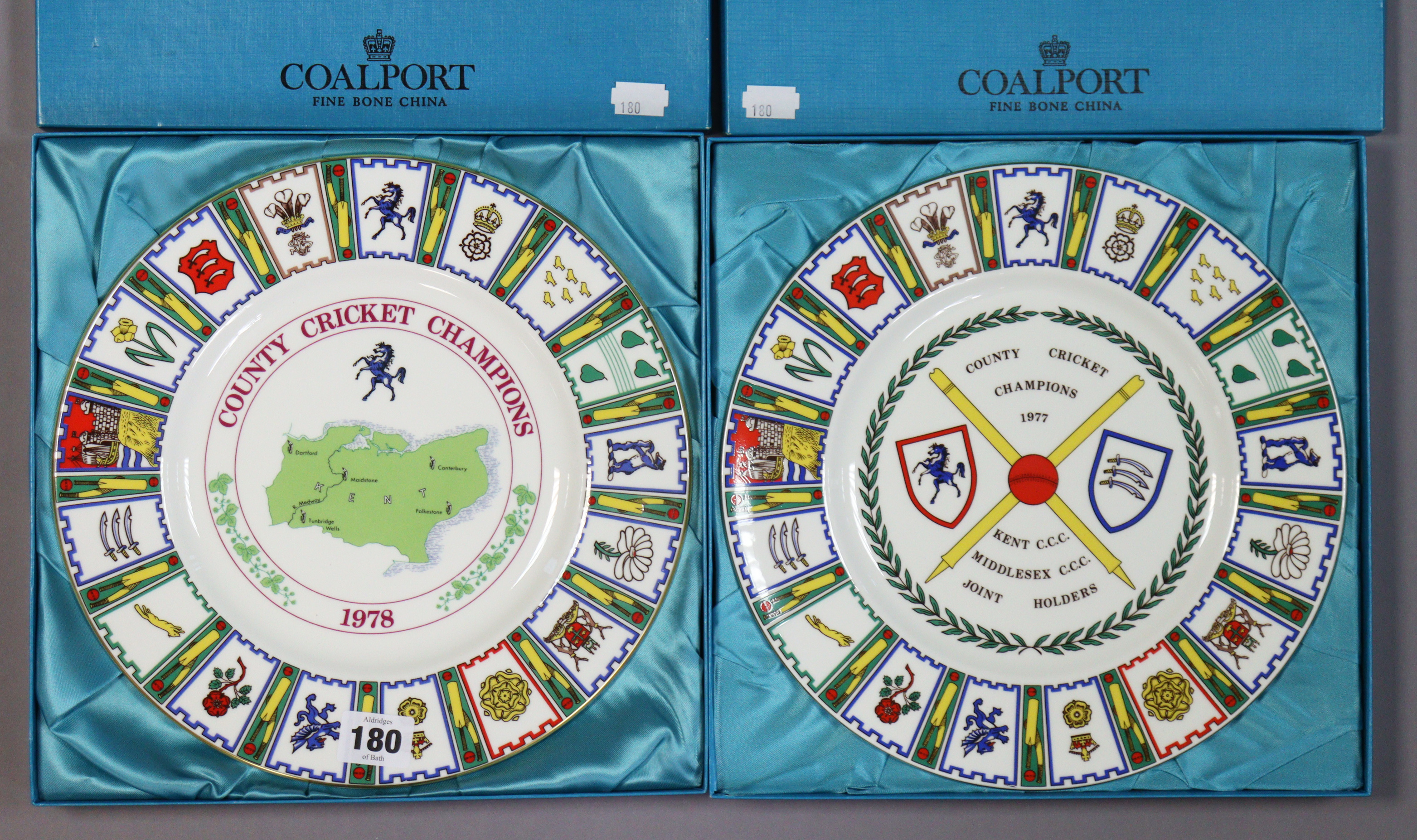 Two Coalport bone china “Kent County Cricket Club” collectors’ plates (1977-1978), 27cm diameter,