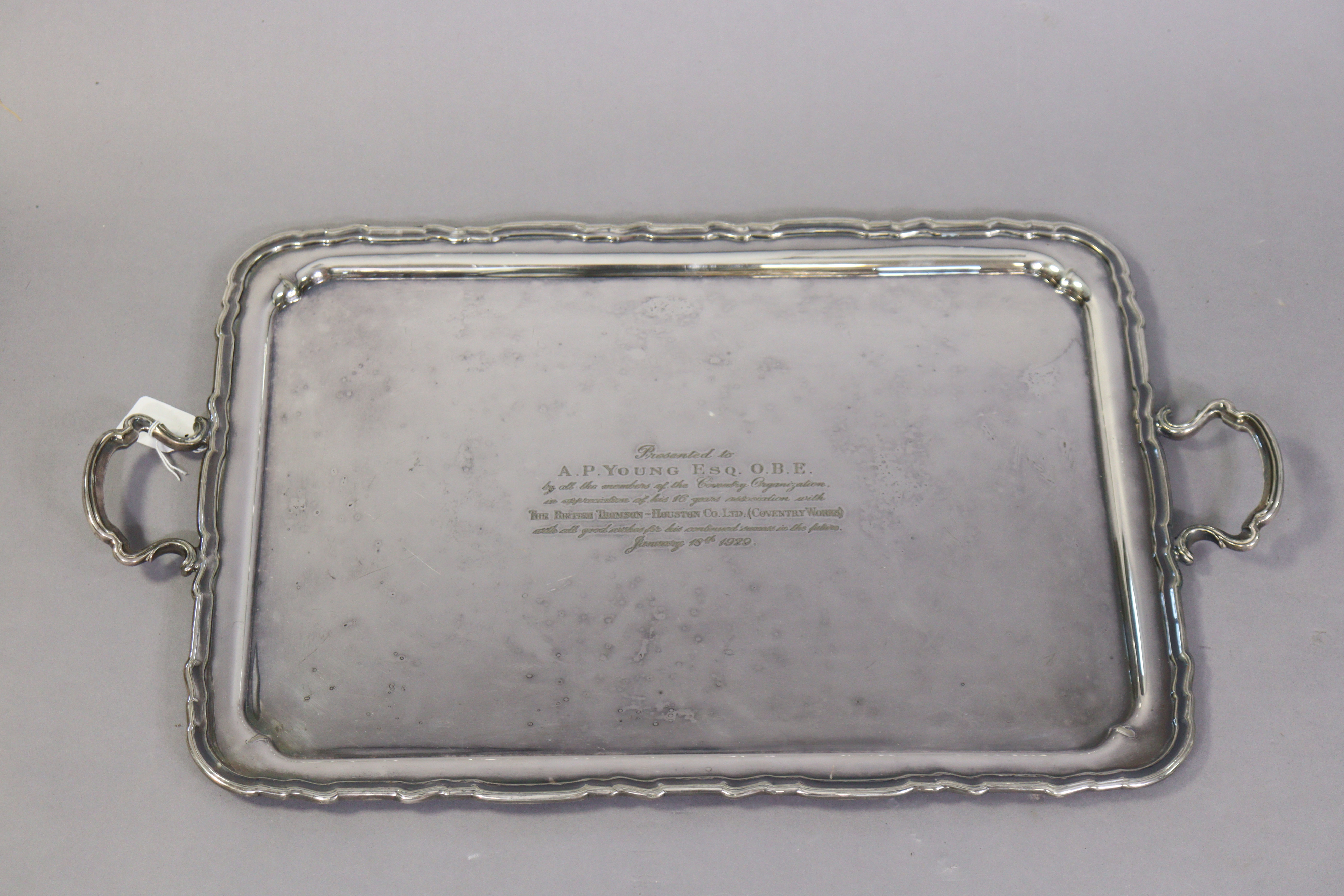 A 1920’s large silver plated rectangular two-handled tea tray with pie-crust border & with - Image 2 of 3