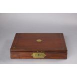 An early Victorian mahogany & brass inlaid travelling writing case, the hinged lid revealing morocco