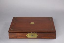 An early Victorian mahogany & brass inlaid travelling writing case, the hinged lid revealing morocco