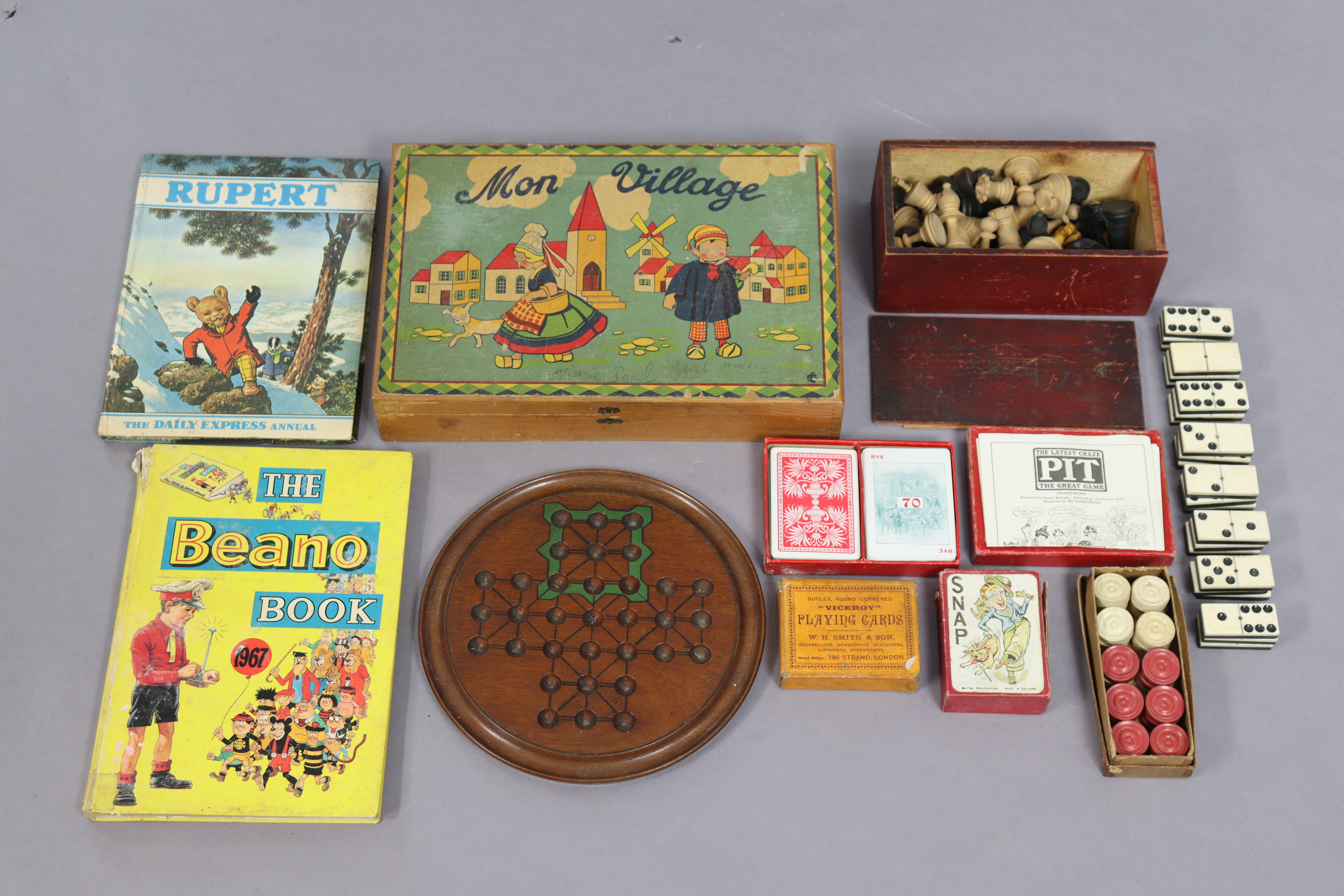 A vintage “Mon Village” child’s construction set, boxed, a treen part chess set, various soldier