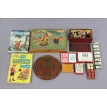 A vintage “Mon Village” child’s construction set, boxed, a treen part chess set, various soldier