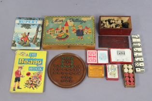 A vintage “Mon Village” child’s construction set, boxed, a treen part chess set, various soldier