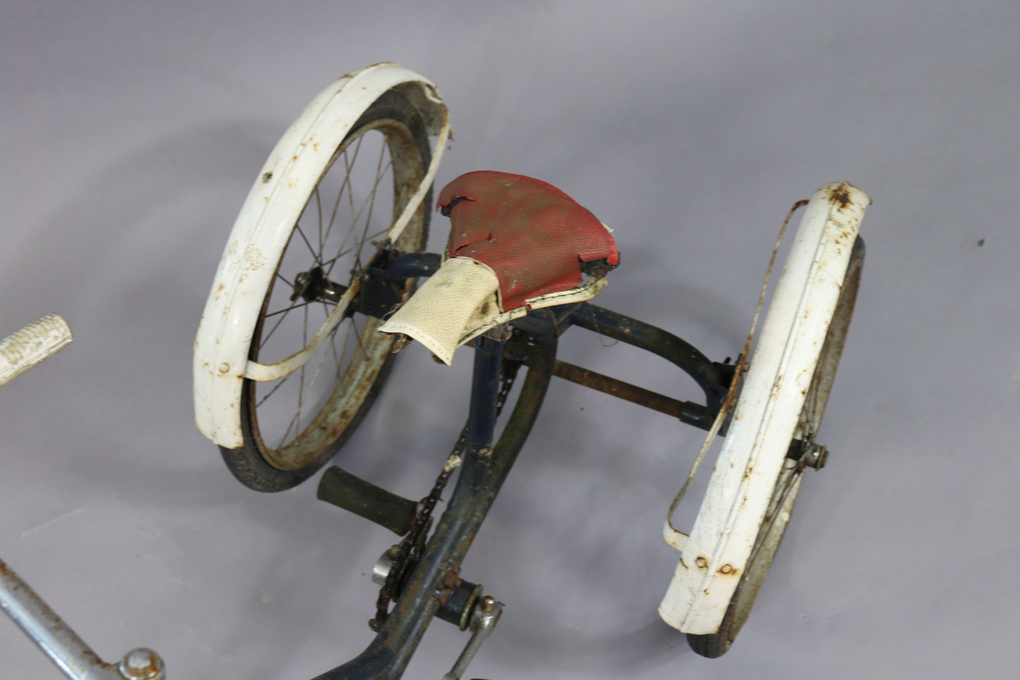 A mid-20th century child’s tricycle (blue) and a triang-type model two-truck, 42cm long. - Image 4 of 5